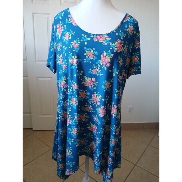 Prestige Edge Women's 1X Plus Stretch T-Shirt‎  Blue  Yellow Floral Short Sleeve - Picture 1 of 13